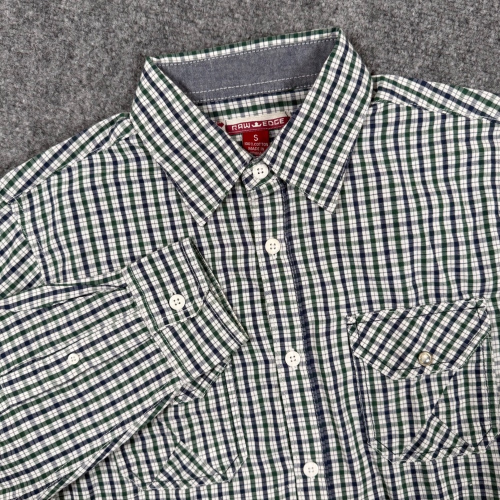 Raw Edge‎ Shirt Small S Green Blue Checkered Button Down  Elbow Patch  Men's
